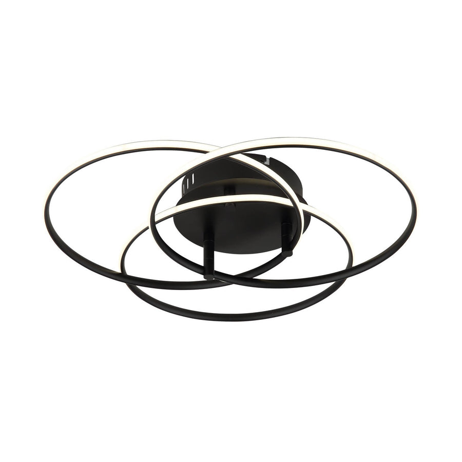 Plafonnier noir mat vu de face, cercles entrecroisés et fin liseré lumineux blanc