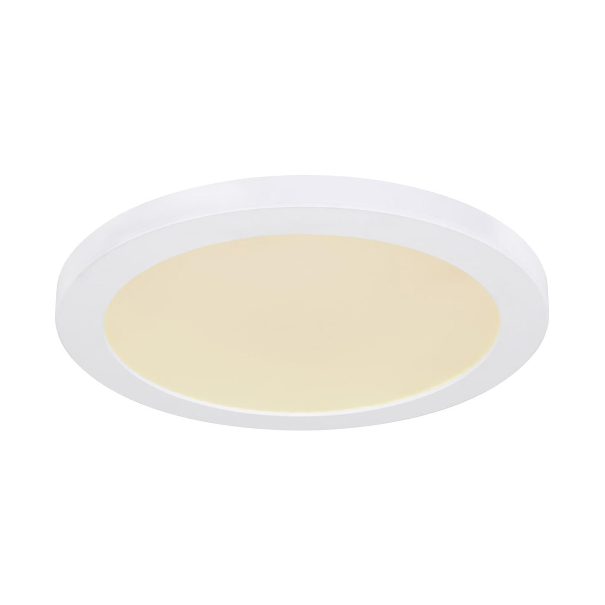 Plafonnier rond blanc vu de face, diffuseur allumé en lumière chaude