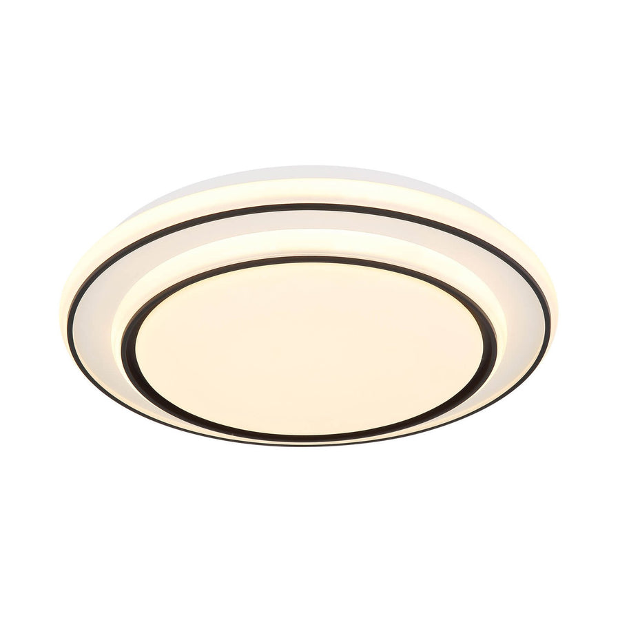 Plafonnier rond blanc mat allumé, vu de dessous, avec deux anneaux noirs concentriques