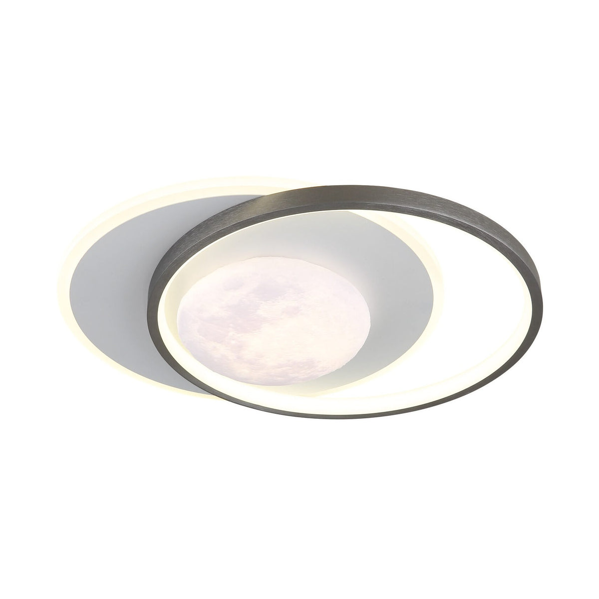 Plafonnier circulaire noir mat à motif lunaire et anneaux lumineux, vu de face