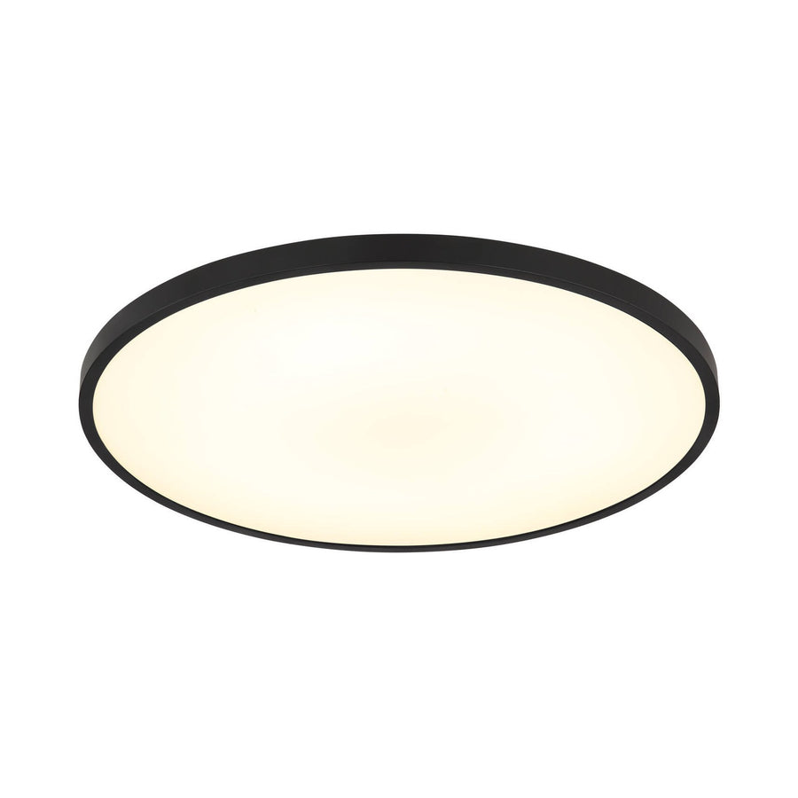 Vue de face du plafonnier rond à rebord noir mat et diffuseur blanc.