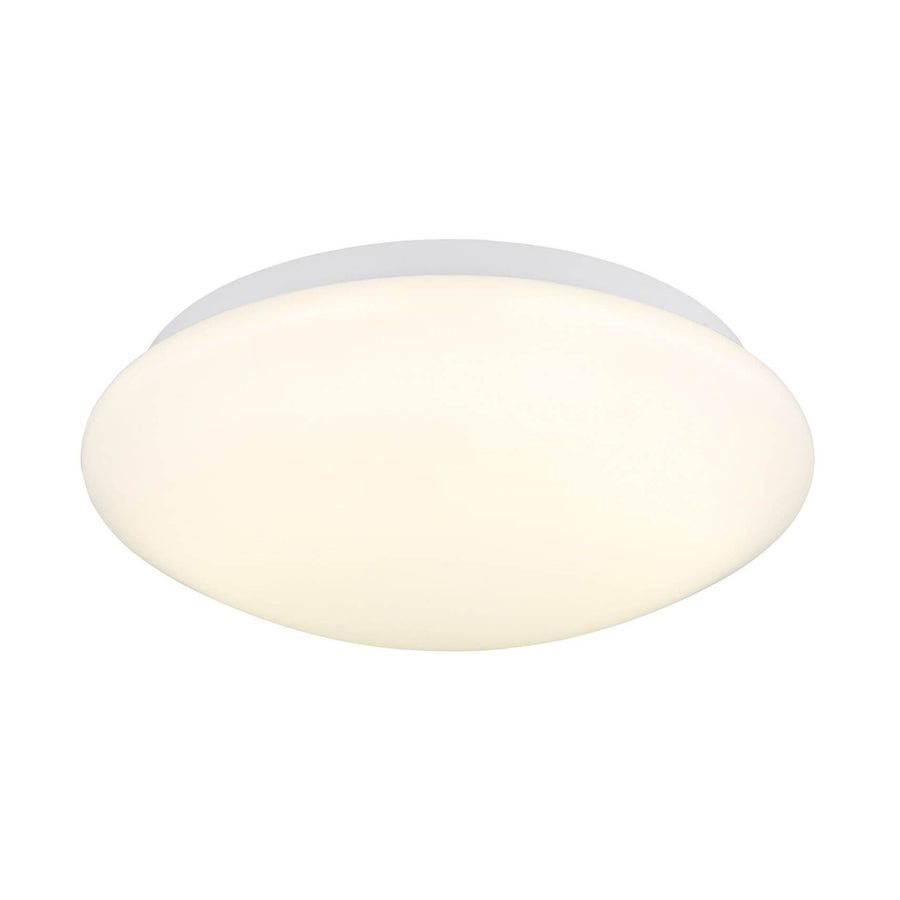 Vue de face du plafonnier rond blanc mat, diffuseur opale et fin cerclage