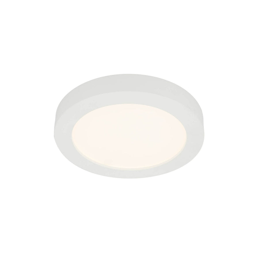Plafonnier rond blanc allumé, vue de face sur fond neutre et uni