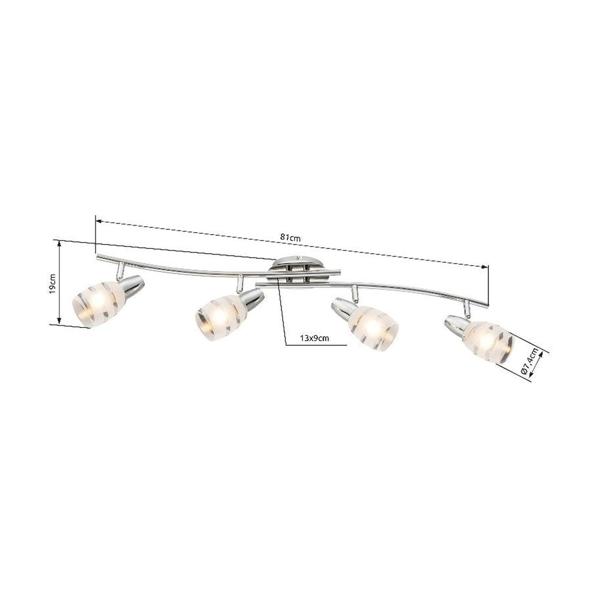 Vue annotée du plafonnier chromé de face avec ses dimensions 81 cm et 19 cm