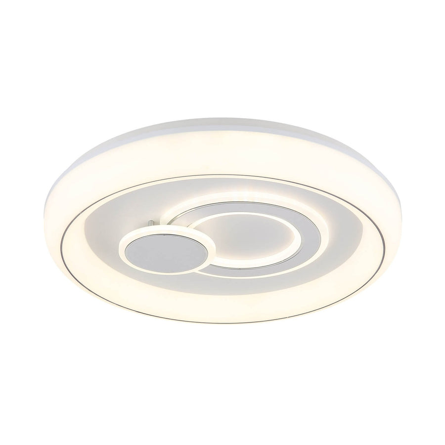 Plafonnier rond blanc mat vu de face, anneaux LED concentriques allumés