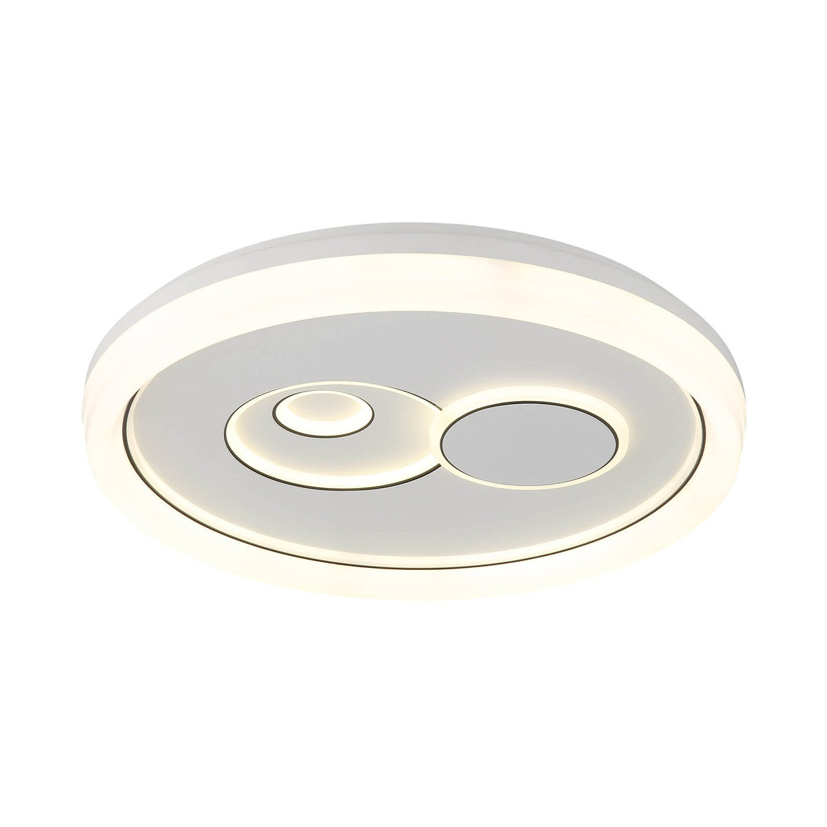 Plafonnier rond blanc mat allumé, vue de face sur fond blanc, cercles lumineux