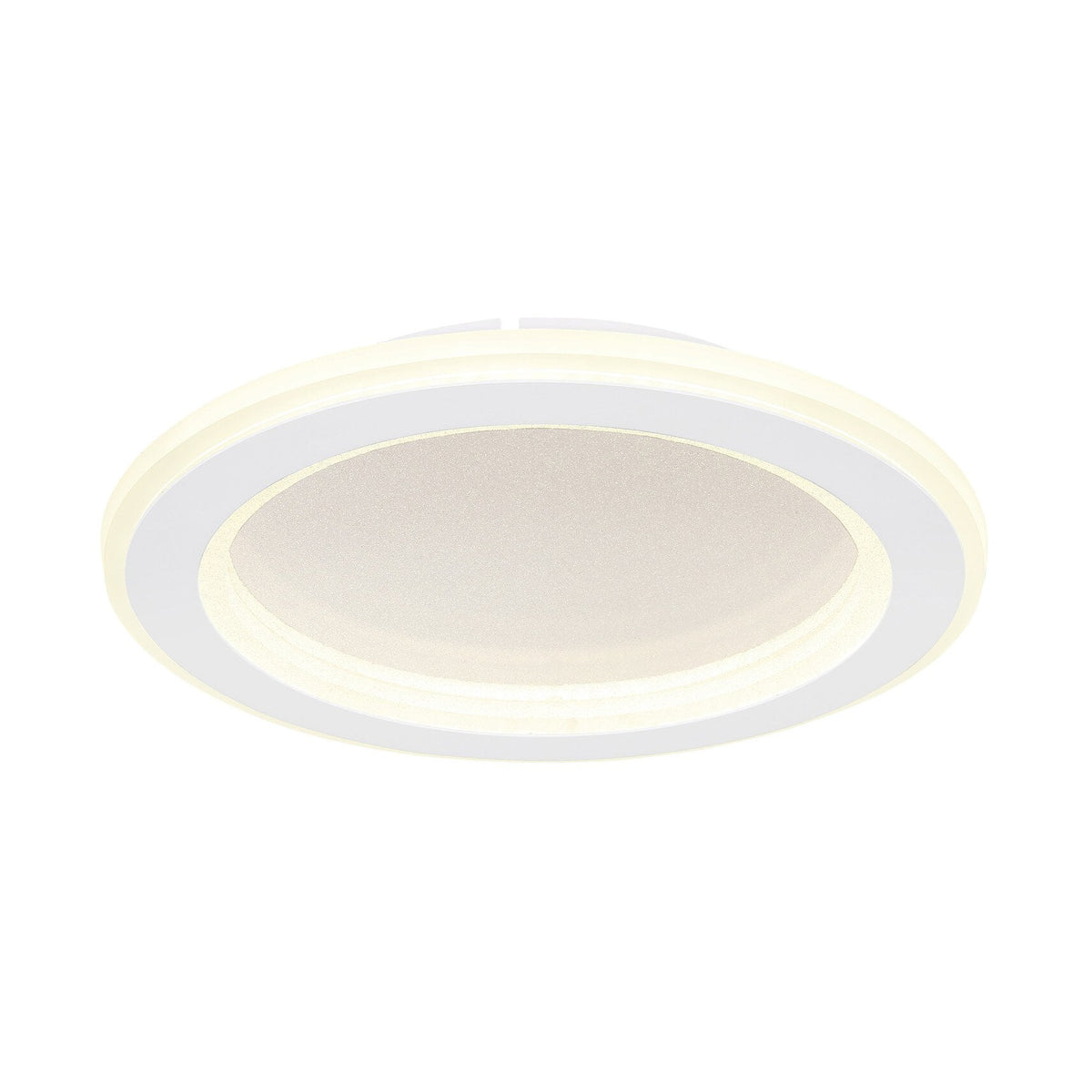 Vue de trois quarts du plafonnier blanc allumé, anneau lumineux et diffuseur central.