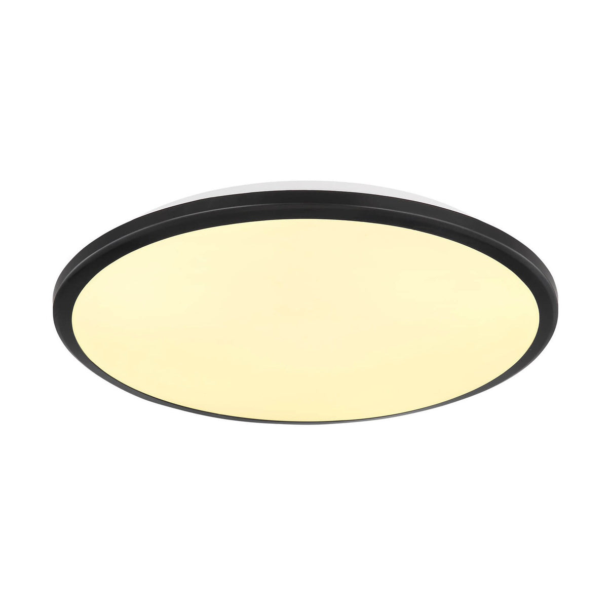 Plafonnier rond noir mat vu de face, diffuseur ivoire allumé en lumière chaude