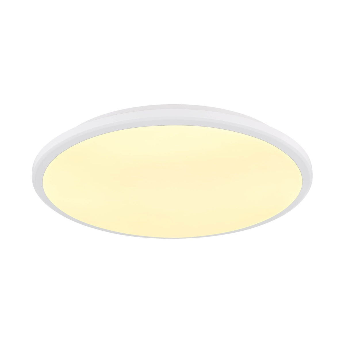 Plafonnier rond blanc mat allumé, vue de face sur fond neutre