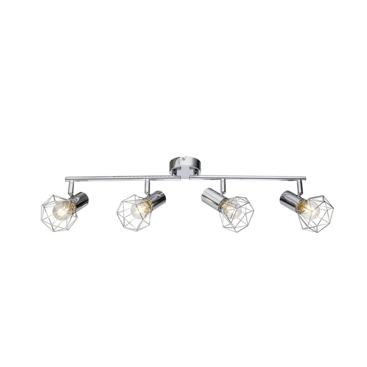 Spot chromé à quatre lumières orientables, vue de face sur fond blanc.