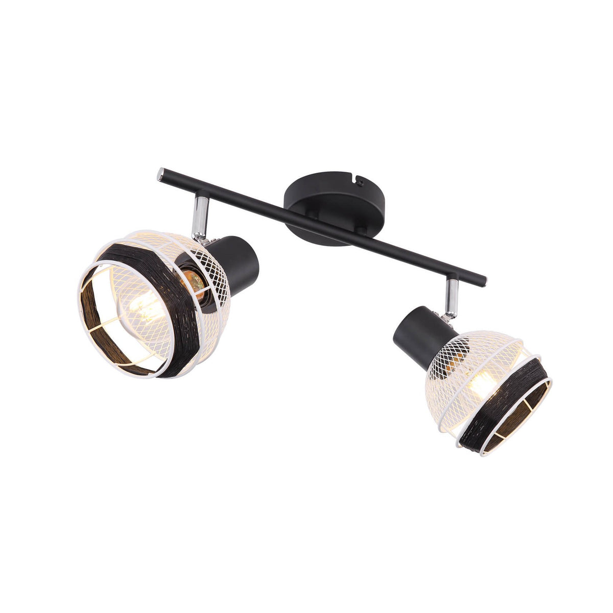 Luminaire spot double noir mat avec deux têtes orientables et grilles métalliques.