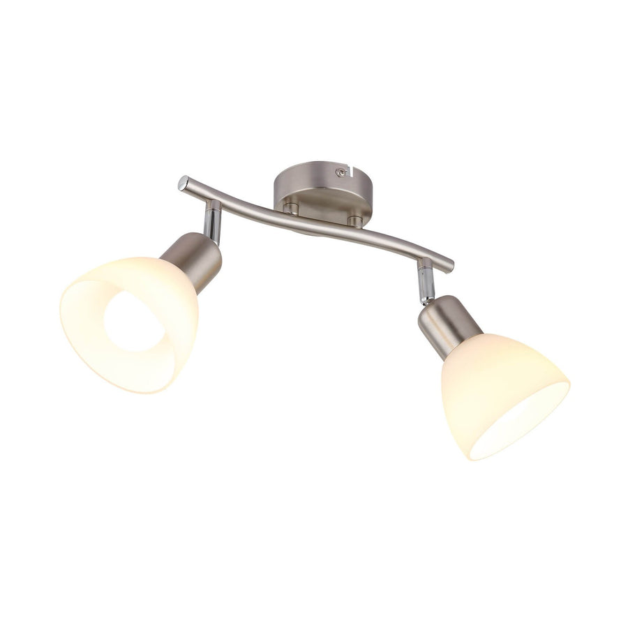 Luminaire double spot sur barre incurvée, verre opalin et finition nickel satiné.