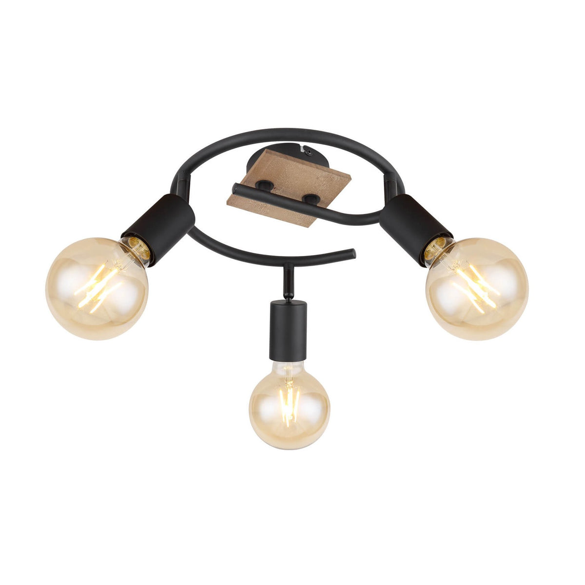 Luminaire noir à trois ampoules à filament, vu de face sur fond blanc