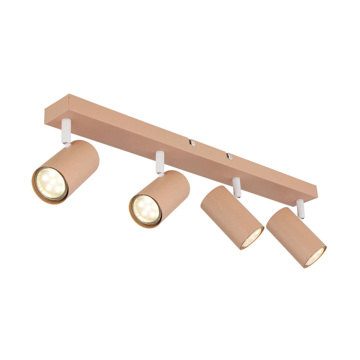 Luminaire quatre spots cylindriques beige sur barre rectangulaire, vue de trois quarts sur fond blanc.