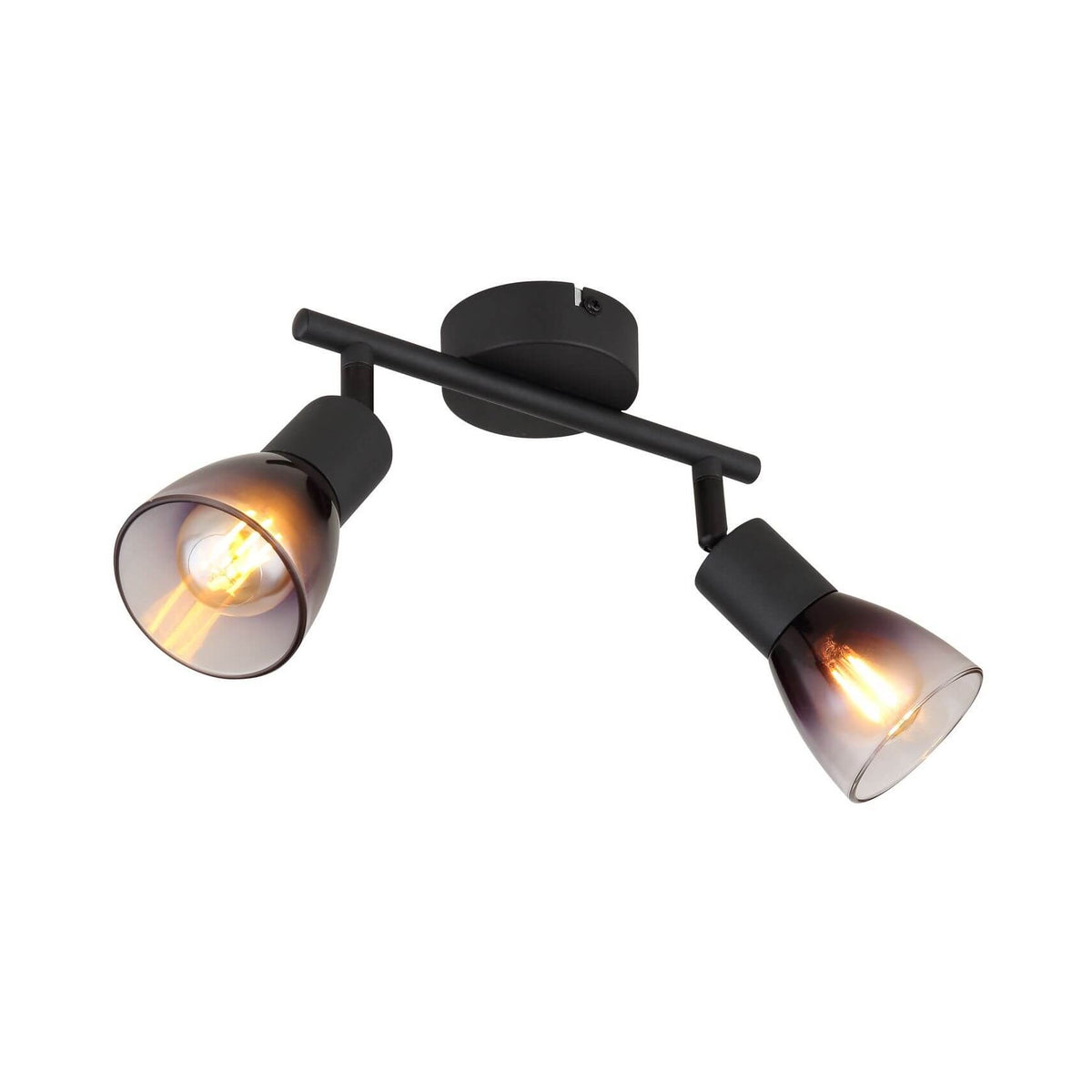Spot double orientable noir mat vu de trois quarts, verres fumés et ampoules allumées