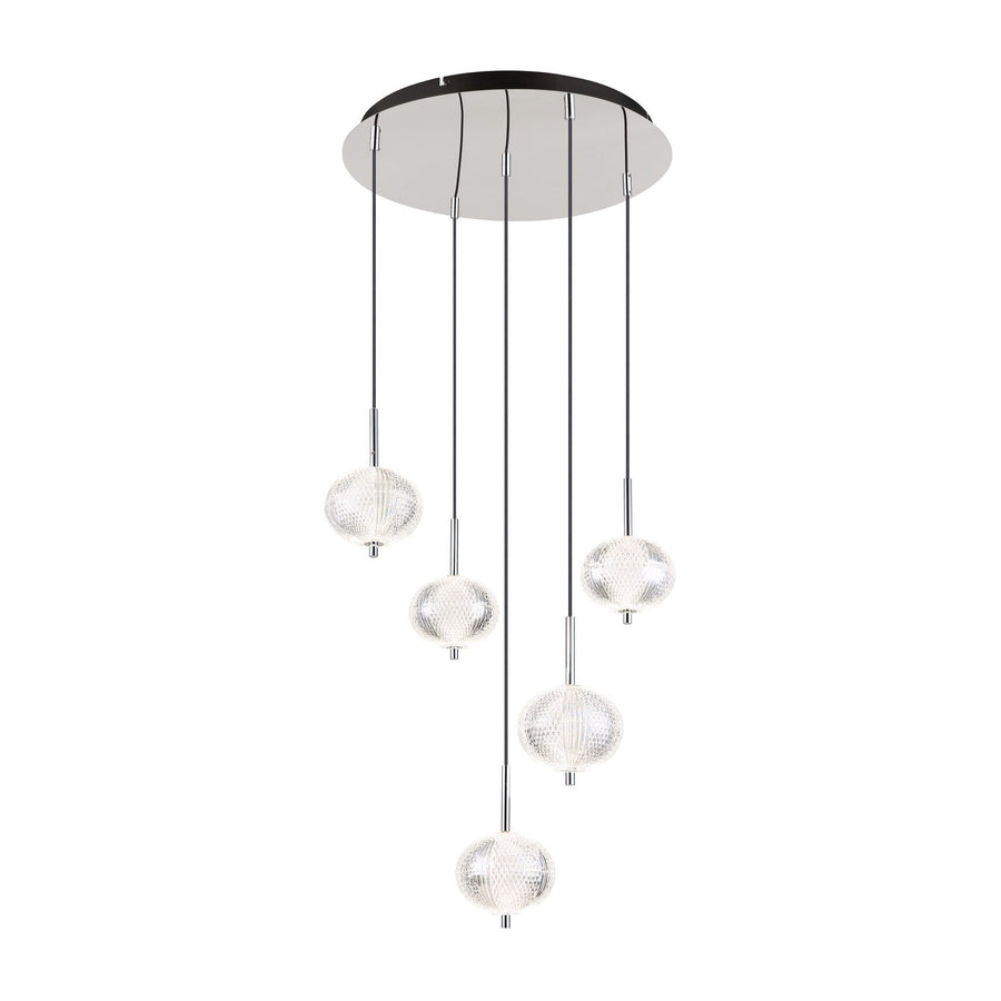 Suspension cinq globes en verre texturé suspendus à câbles chromés, vue de face