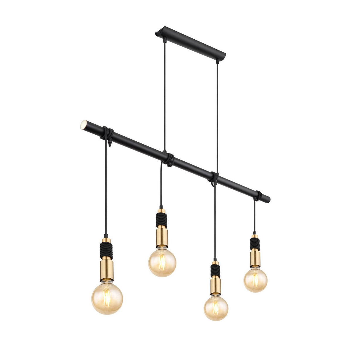 Suspension noire à quatre ampoules dorées suspendues sous une barre horizontale