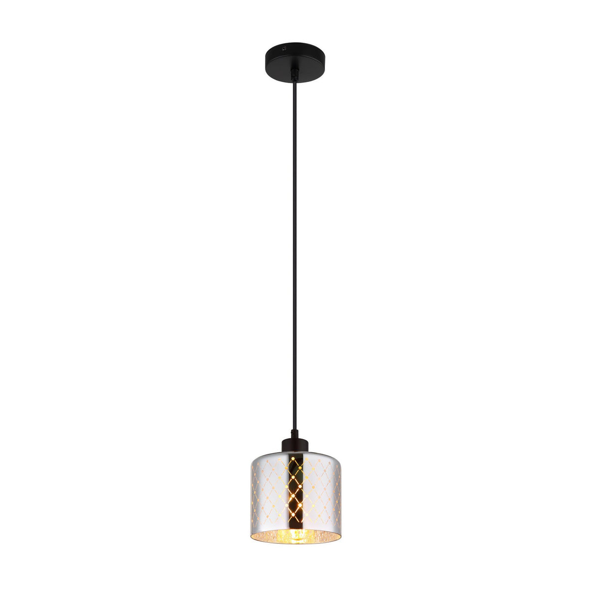 Suspension noire mat avec abat-jour cylindrique en verre transparent et motif doré