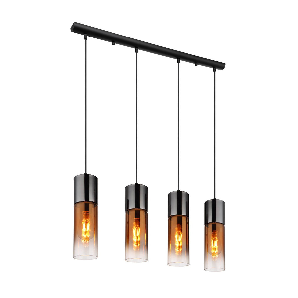 Suspension à quatre cylindres de verre ambré fumé, douilles chromées, vue de face