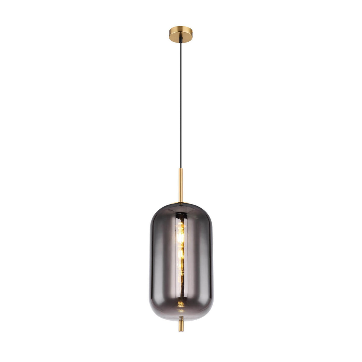 Suspension en verre fumé avec câble noir et finitions laiton, vue de face sur fond blanc.