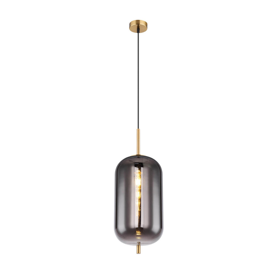 Suspension en verre fumé avec câble noir et finitions laiton, vue de face sur fond blanc.