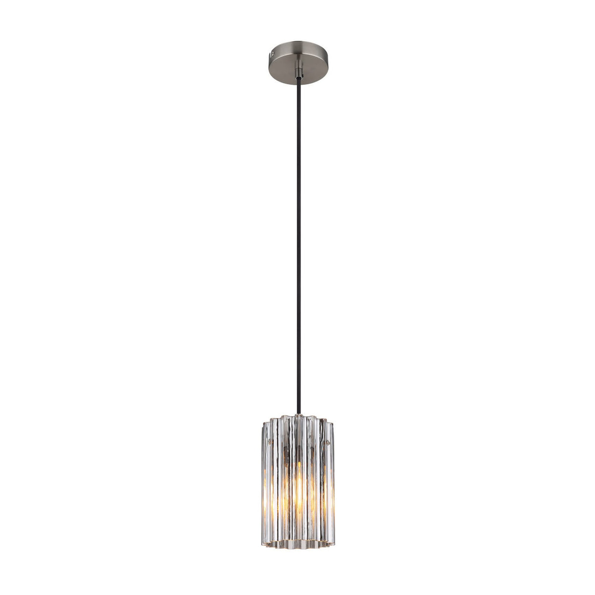 Suspension complète sur fond blanc, rosace nickel satiné, cordon noir et verre strié allumé