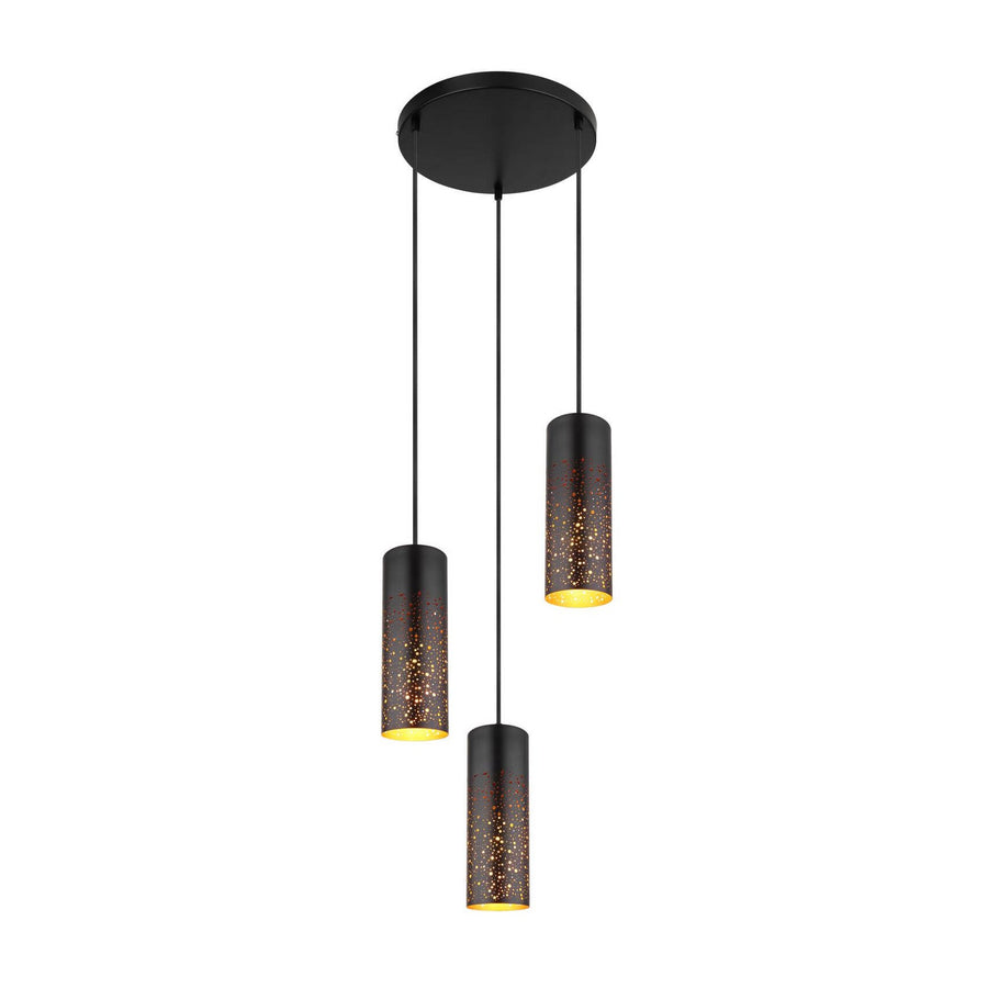 Suspension noire à trois cylindres perforés, vue de face sur fond blanc