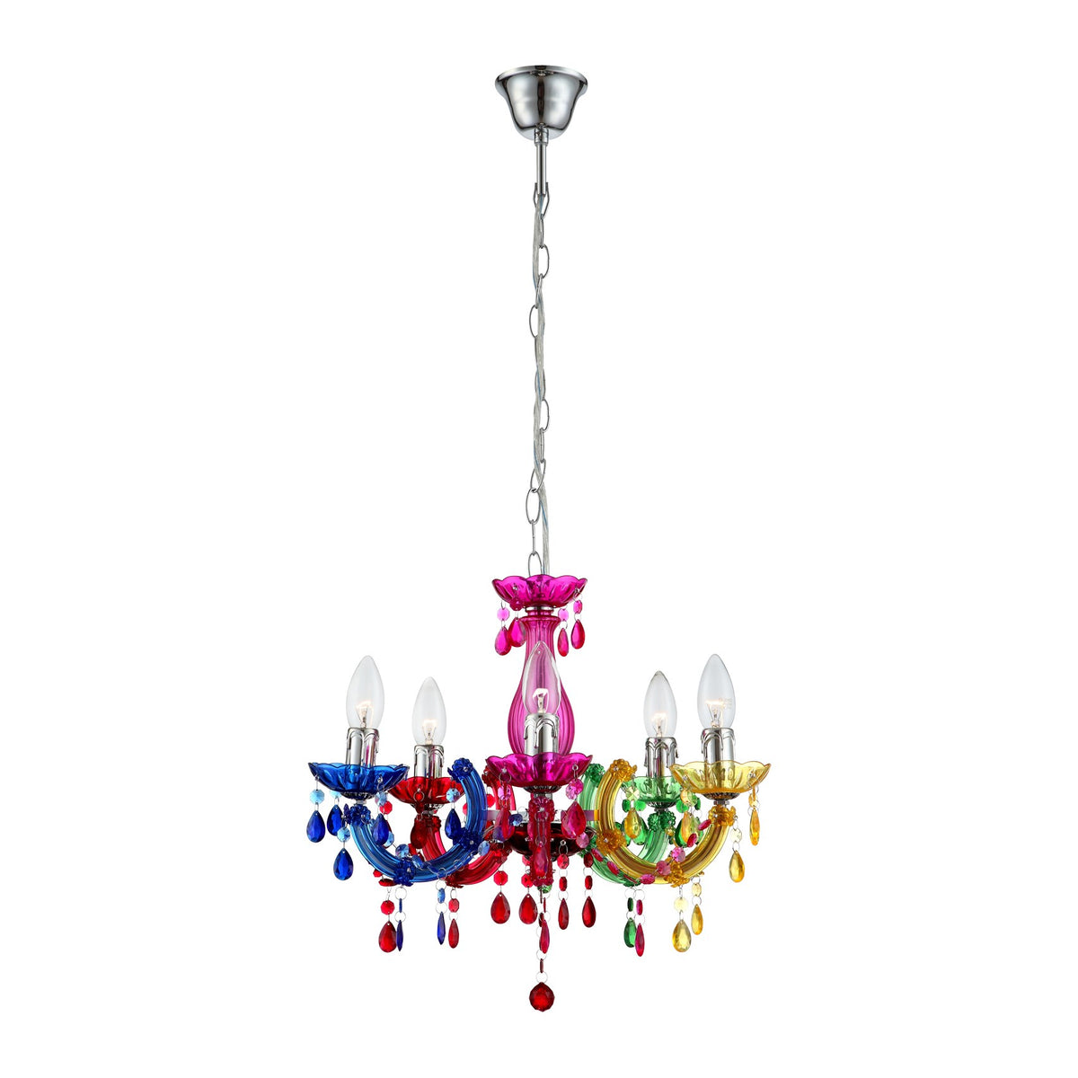 Suspension multicolore à cinq bras en verre teinté, vue de face fond blanc.