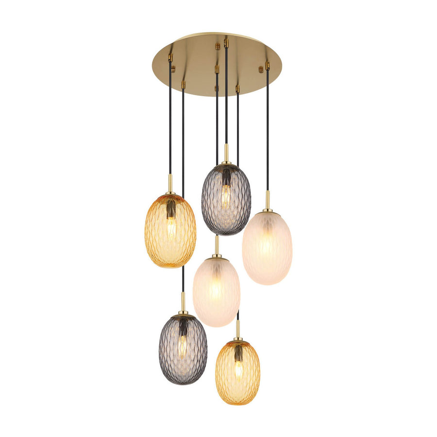 Luminaire à six suspensions dorées, verre ambré, fumé et blanc, rosace ronde
