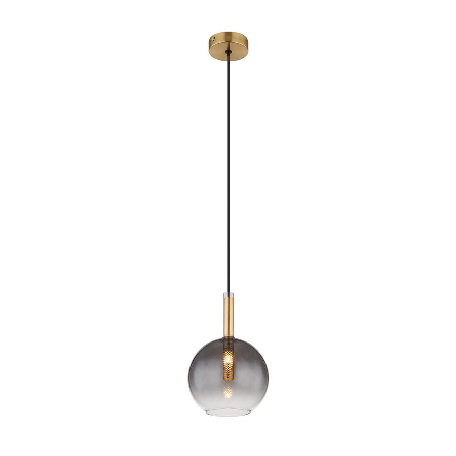 Vue de face de la suspension laiton avec globe en verre fumé et câble noir