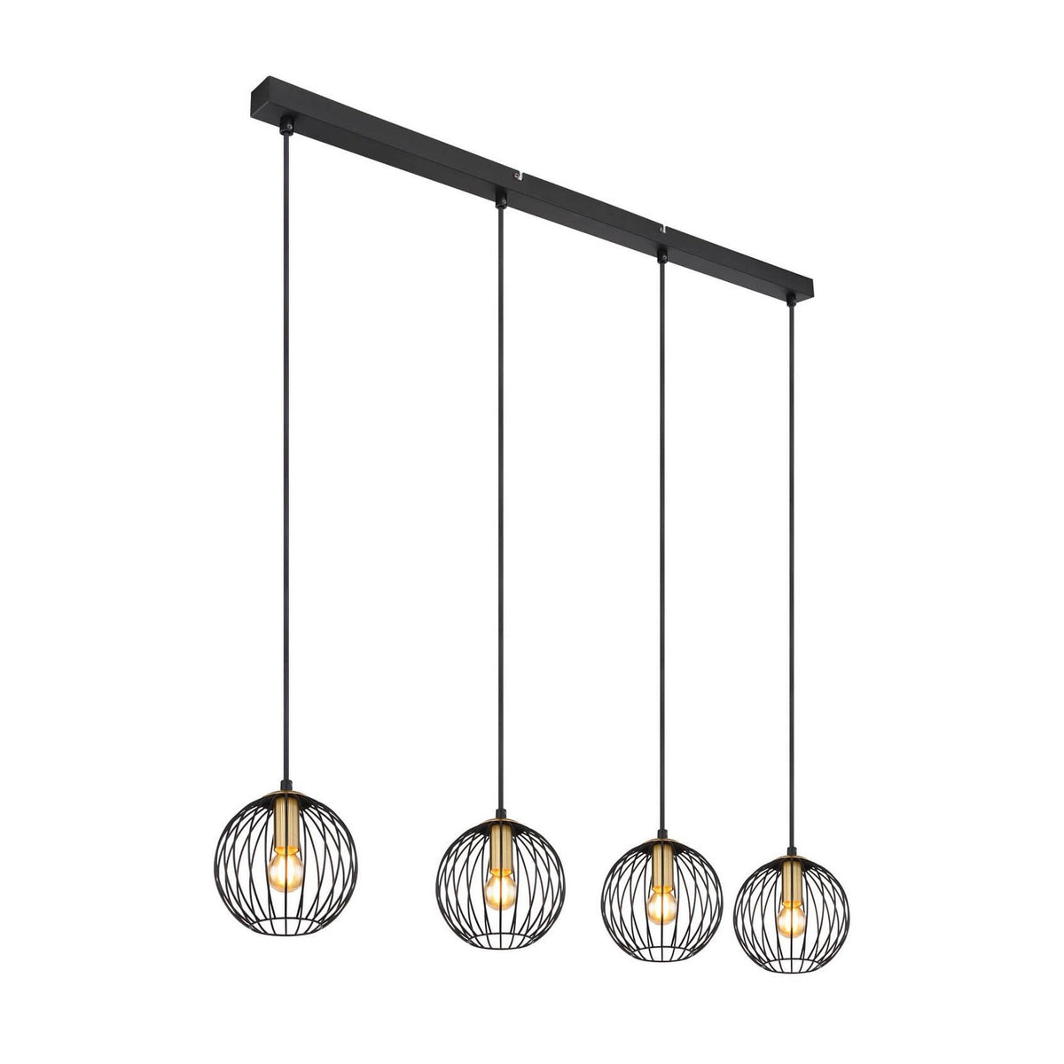 Suspension noire à quatre cages sphériques en fil métallique, barre rectangulaire et ampoules allumées.