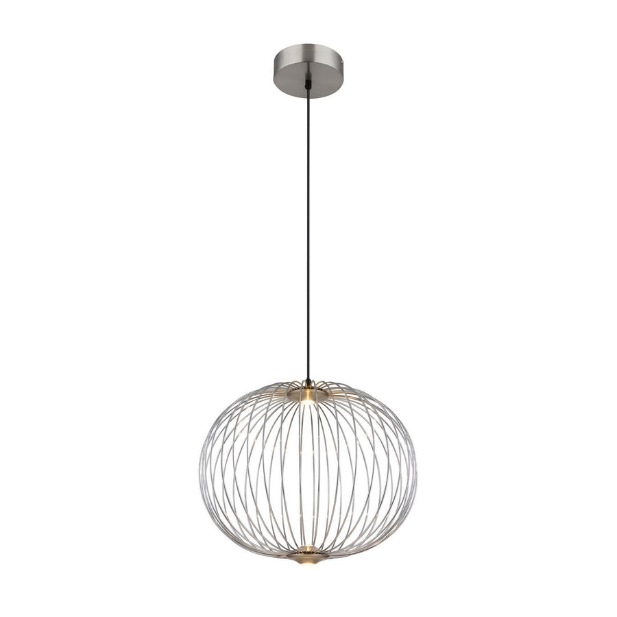 Suspension sphérique en métal nickel satiné, allumée et présentée sur fond blanc