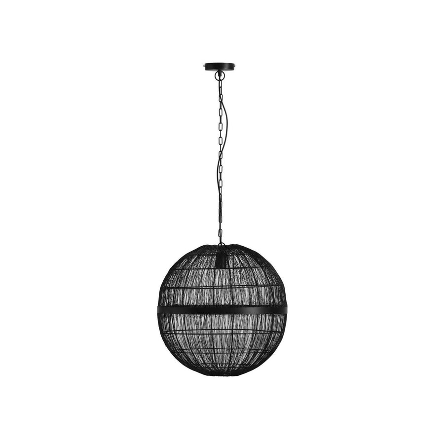 Suspension noire mat avec sphère en fil métallique tressé et chaîne, vue de face.