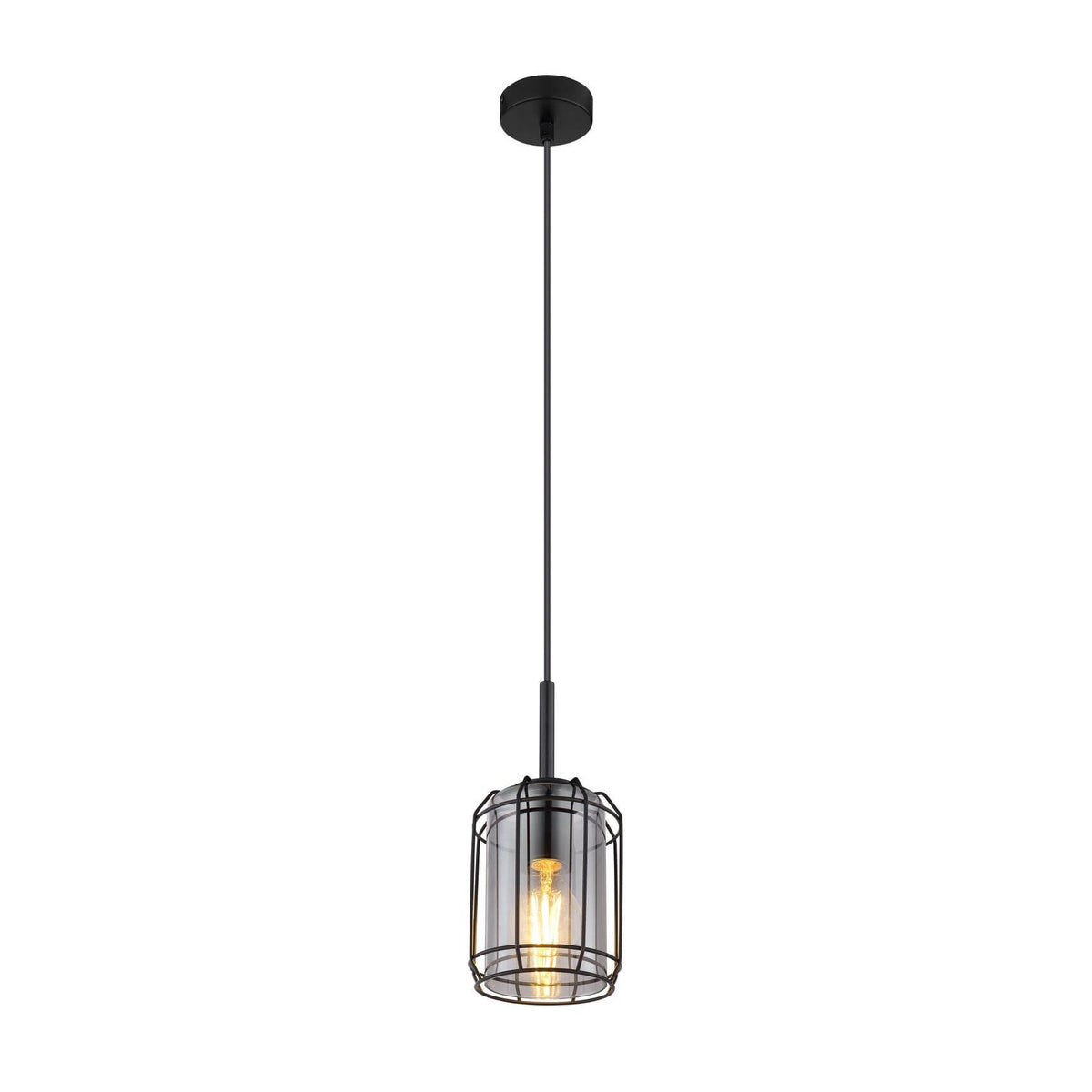Vue de face du luminaire suspendu avec abat-jour cylindrique en métal noir et verre transparent.