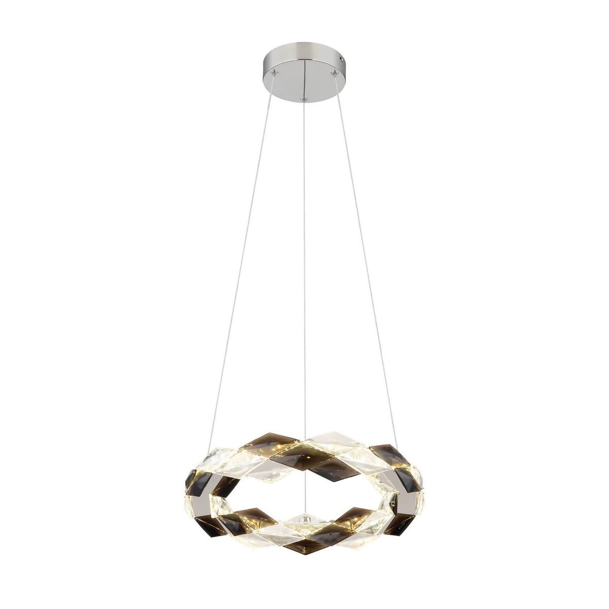 Suspension au cercle de cristaux facettés clairs et fumés, vue de face sur fond blanc