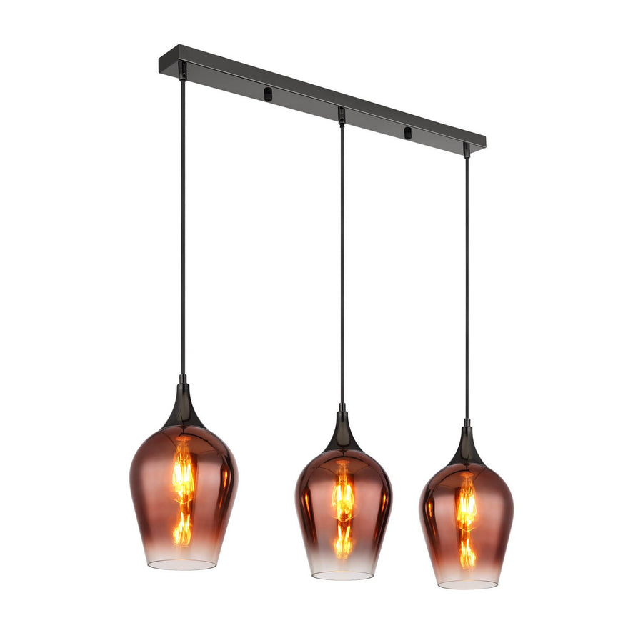 Suspension trois abat-jours en verre ambré dégradé sur barre noire, ampoules filaments allumées.