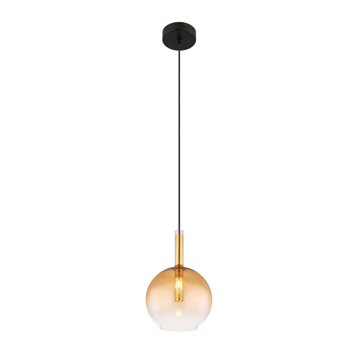 Vue d'ensemble de la suspension boule en verre ambré sur fond blanc