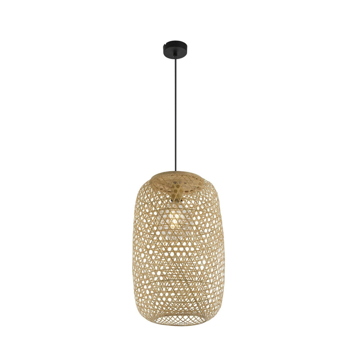 Suspension en rotin tressé beige allumée, vue de face sur fond blanc.