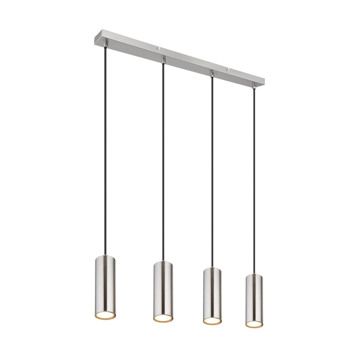 Vue de face du luminaire suspendu avec quatre cylindres et structure rectangulaire.