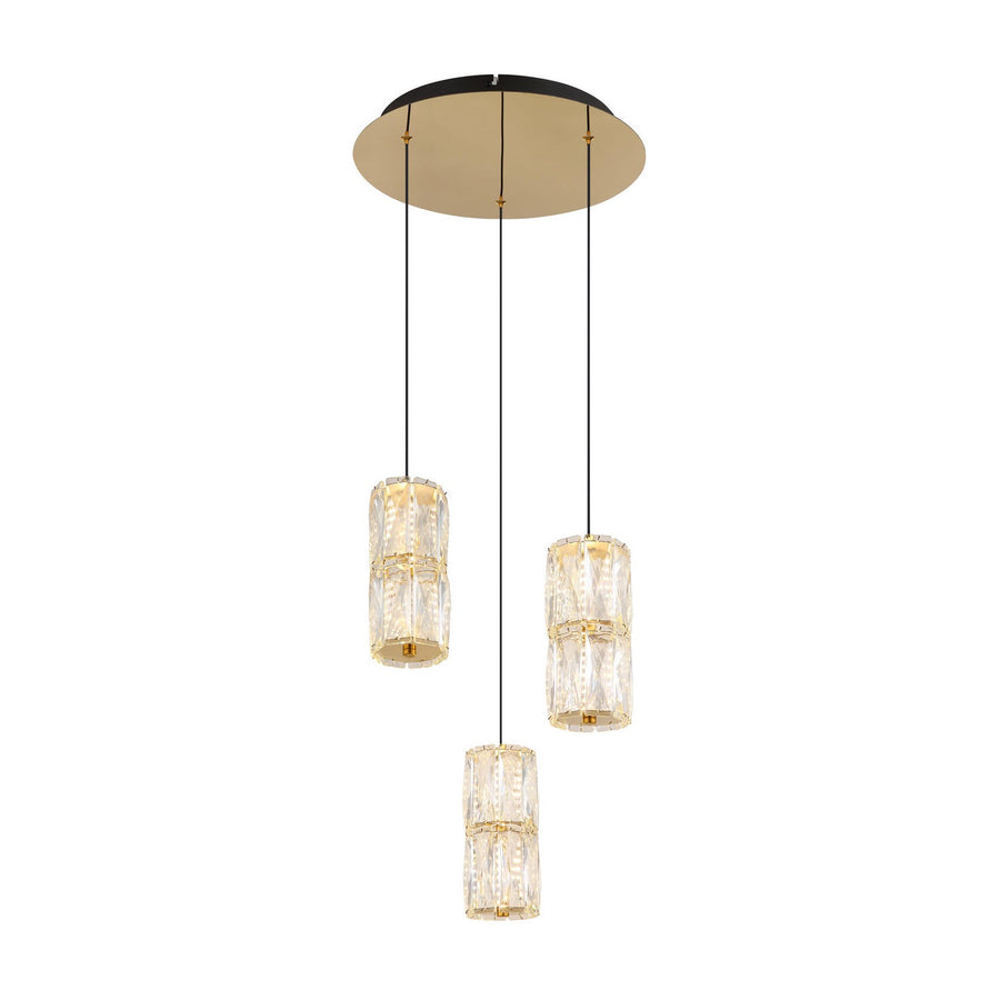 Suspension dorée à trois cylindres en verre faceté, vue de face sur fond blanc.