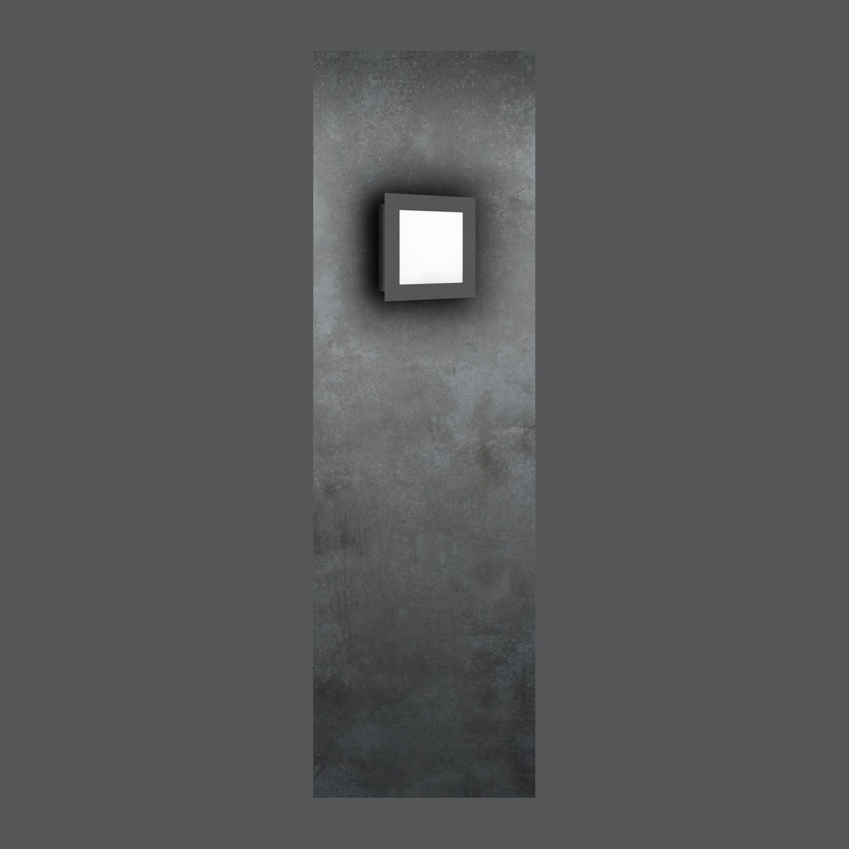 Applique extérieure carrée anthracite allumée, fixée sur un mur gris en ambiance