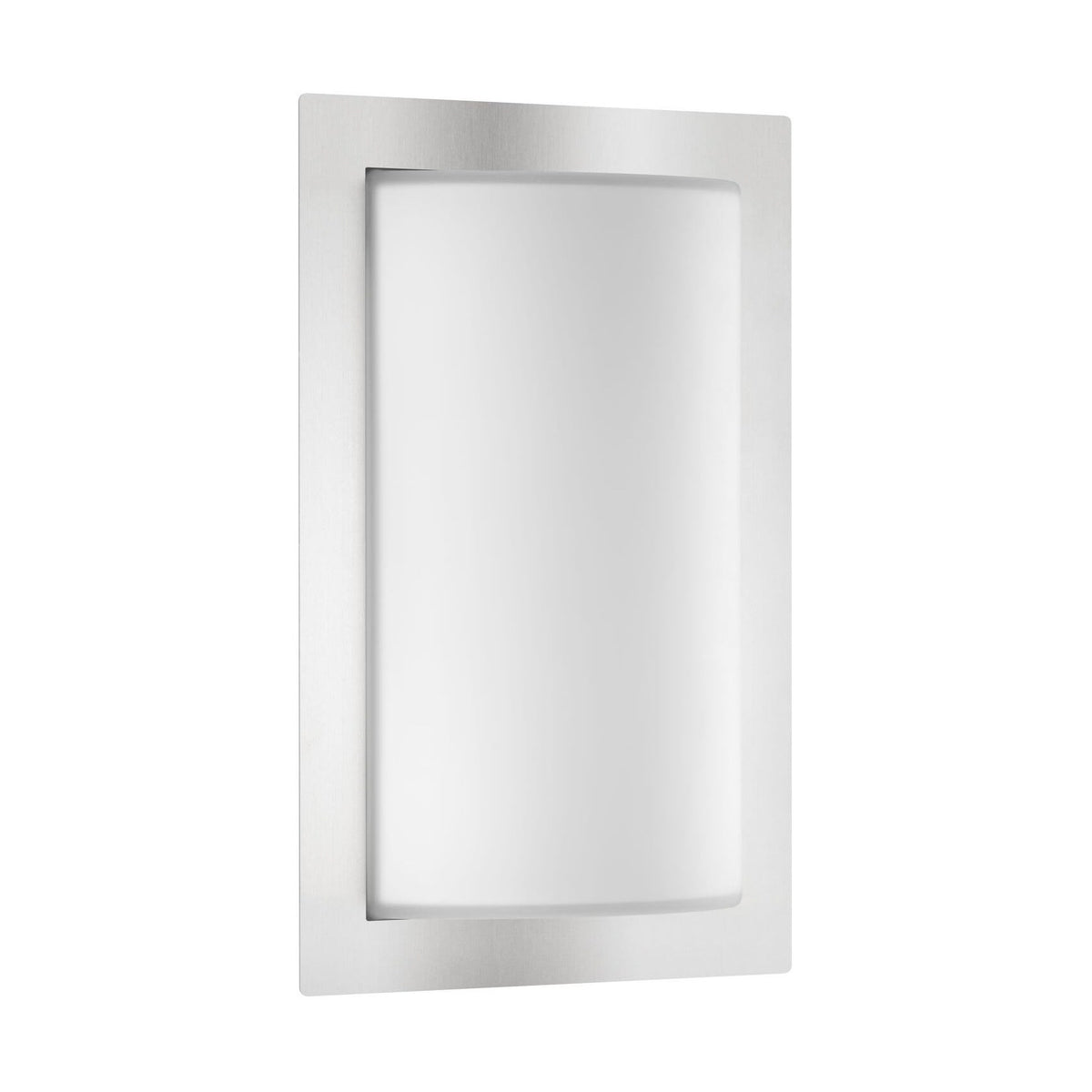 Applique murale rectangulaire en inox brossé avec diffuseur blanc, vue de face.