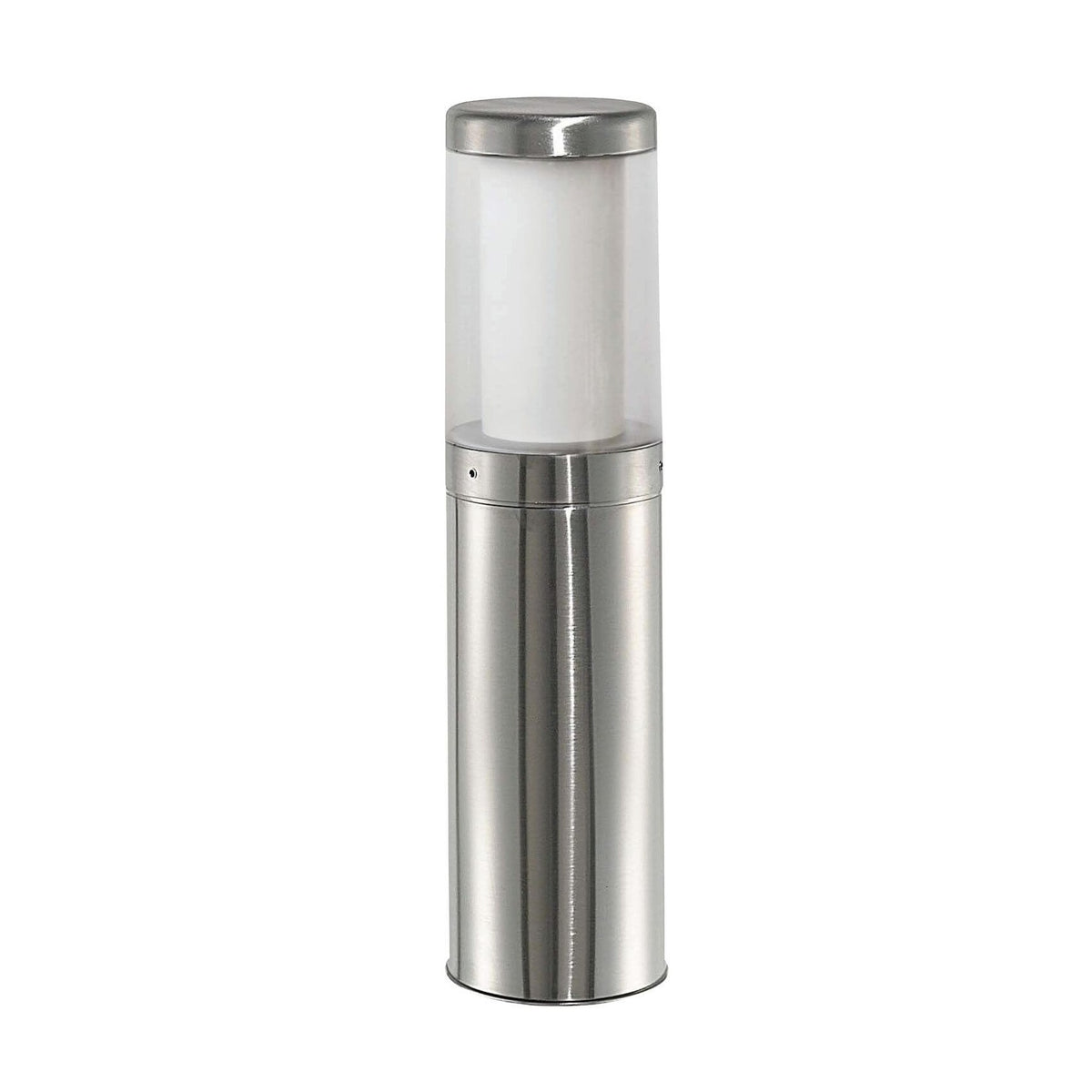 Vue de face du luminaire cylindrique en inox avec diffuseur opale blanc.