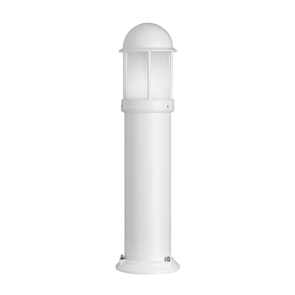 Borne lumineuse blanche de face, corps cylindrique surmonté d'un dôme arrondi