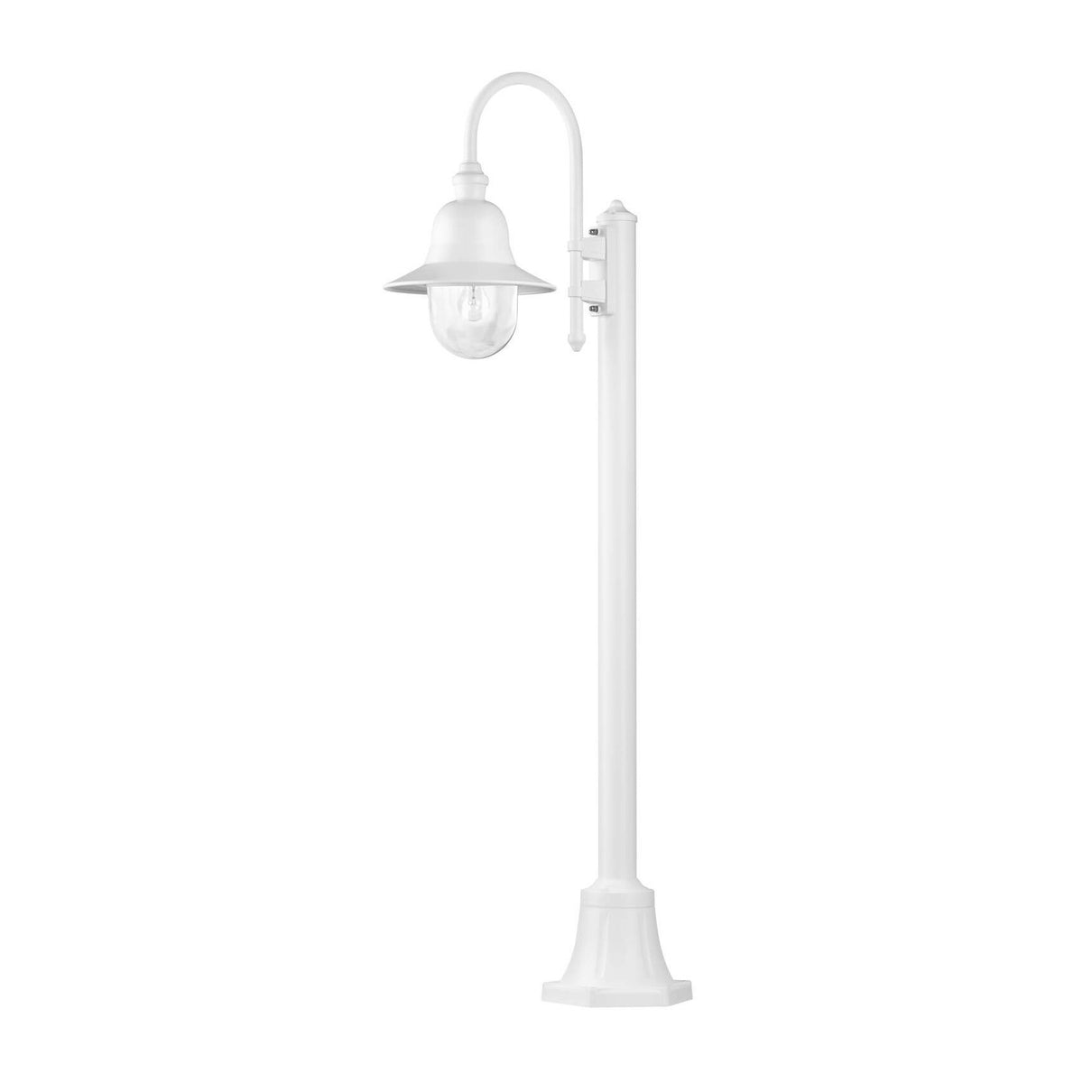 Vue de face du lampadaire blanc avec bras courbe et lanterne en verre transparent.