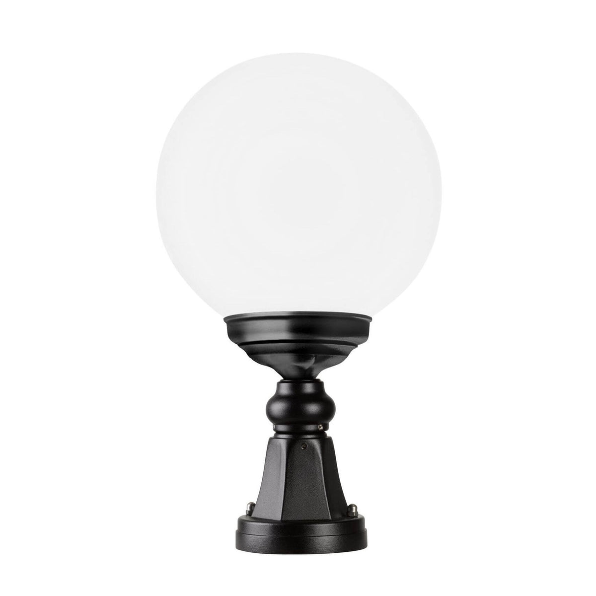 Borne extérieure noire surmontée d'un globe blanc opalin, vue de face.