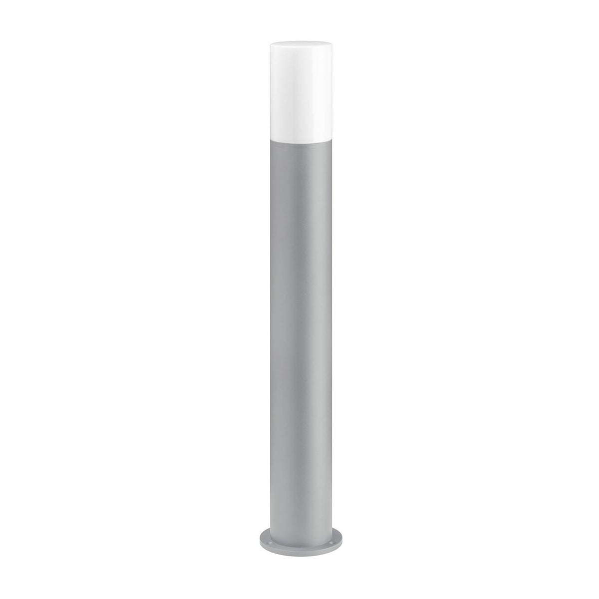 Vue de face de la borne cylindrique grise claire avec diffuseur blanc et socle.