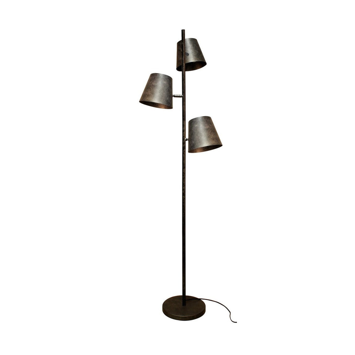 Lampadaire à trois abat-jours coniques décalés sur tige fine, finition rouille et gris.