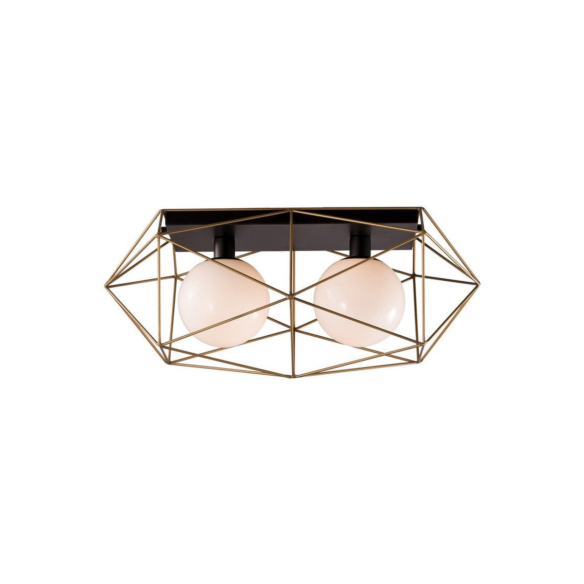 Vue de face du plafonnier doré et noir avec deux globes blancs sous cage géométrique