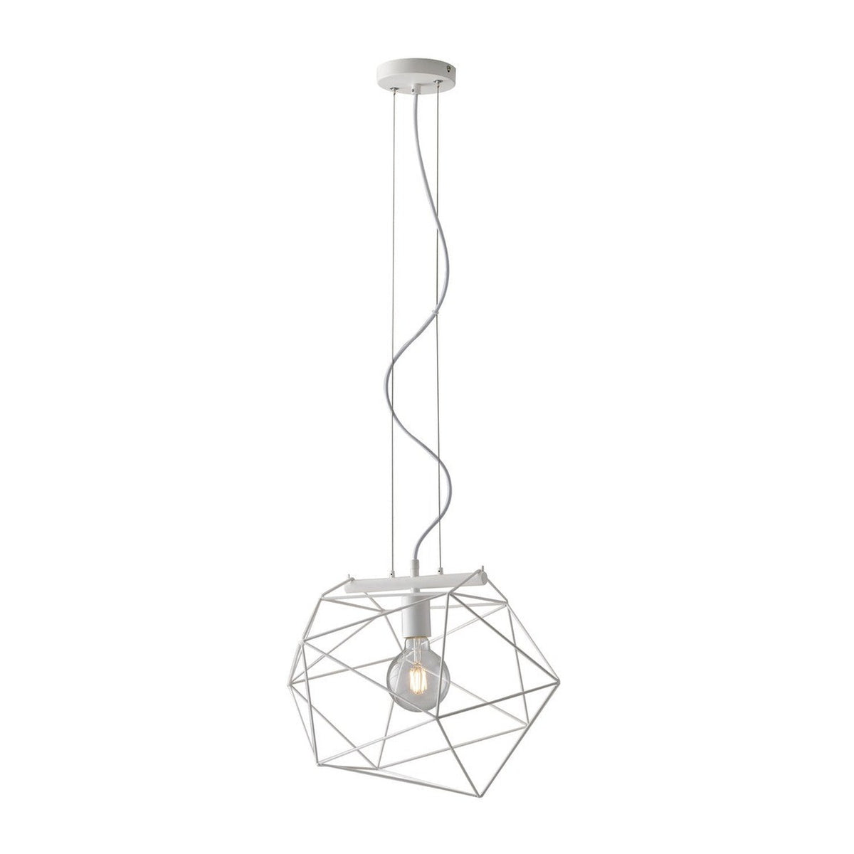 Suspension blanche vue de face, cage géométrique en fil métallique et ampoule apparente